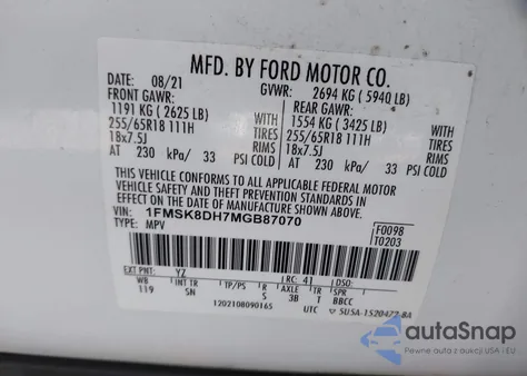 2021 Ford Explorer Xlt из США, поврежденный, VIN 1FMSK8DH7MGB87070